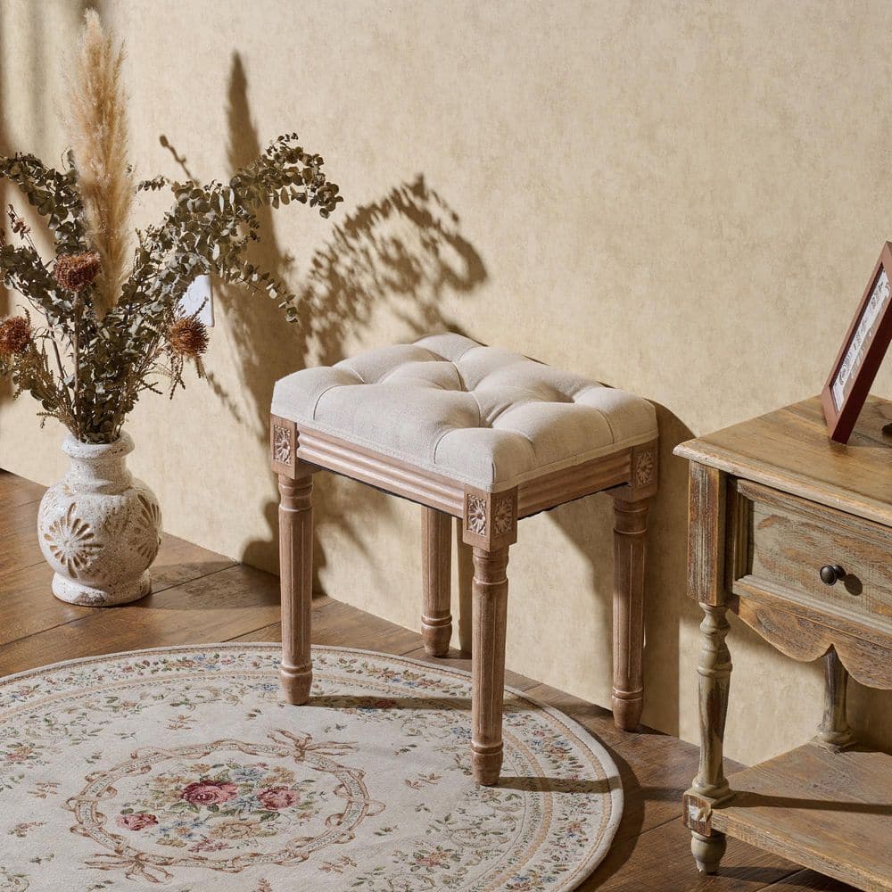 Maison de Lys 1-Piece Beige Upholstered Ottoman Vanity Stool with Button Tufting and Carved Wood Frame
