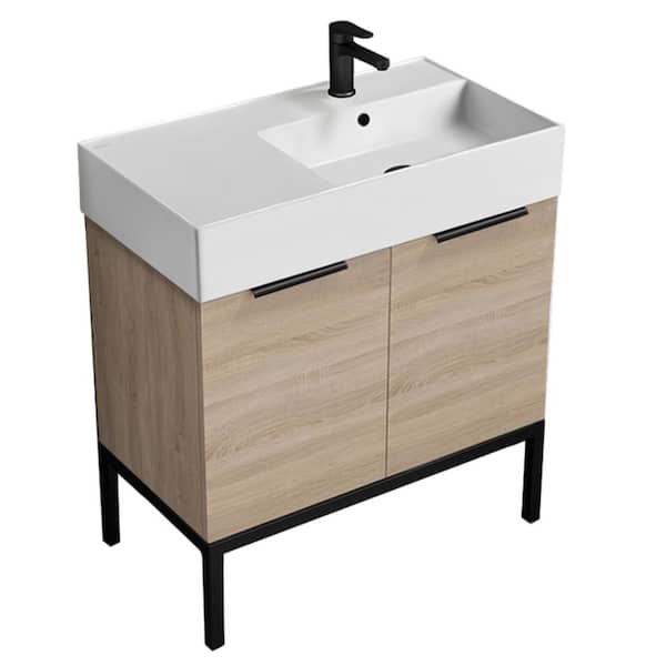 Derin 31.9 in. W x 17.3 in. D x 34.65 in. H Modern Bathroom Vanity in Brown Oak With White Ceramic Top