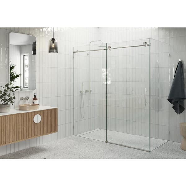 Glass Warehouse Nova 68 in. W x 78 in. H Rectangular Sliding Frameless Corner Shower Enclosure in Nickel with Clear Glass