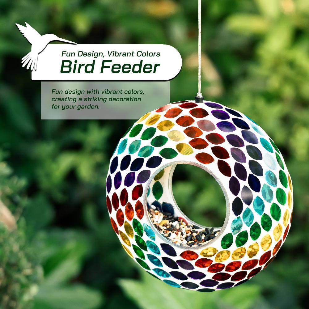 8'' Round Multicolor Mosaic Glass Hanging Bird Feeder