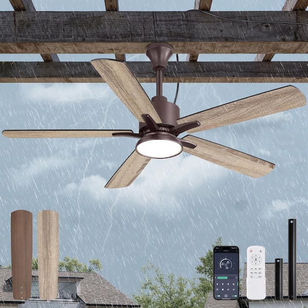 52 in. Outdoor Oil Bronze IP65 Waterproof Plug in 6-Speed Downrod Mount Standard Ceiling Fan with Lights Remote and APP