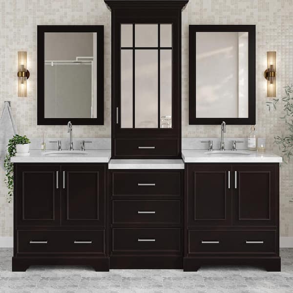 Silkroad Exclusive 89-in White Double Sink Bathroom Vanity with Carrara White Natural Marble Top