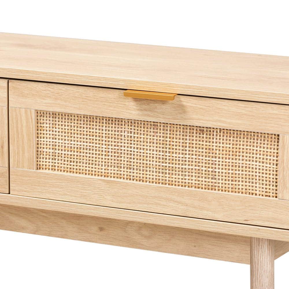 Light Oak Brown Wood and Rattan 2-Drawer Console Table