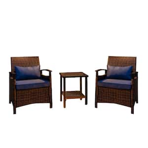 Brown 3-piece Wicker Patio Conversation Set Outdoor Chairs and Coffee Table with Blue Cushions