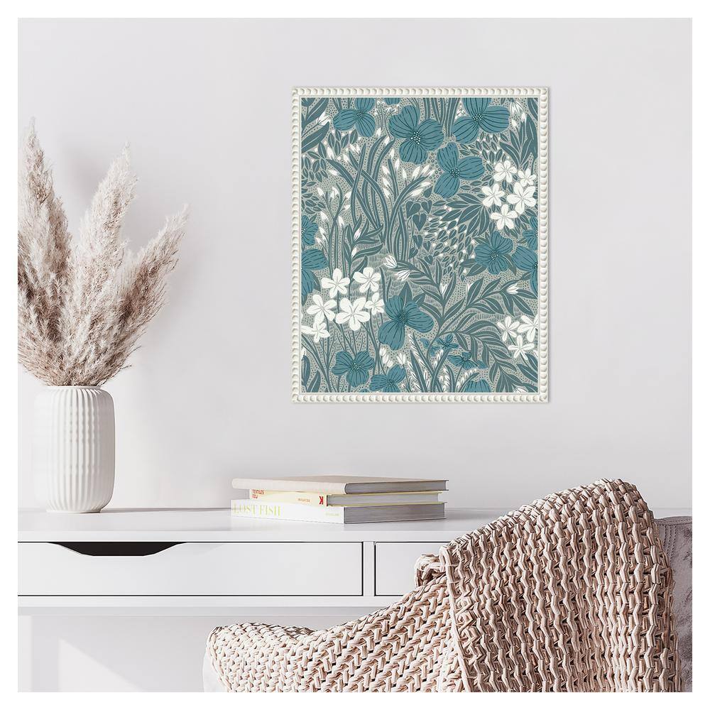 Teal and White Floral Botanical Canvas Wall Art with White Frame, 16x20