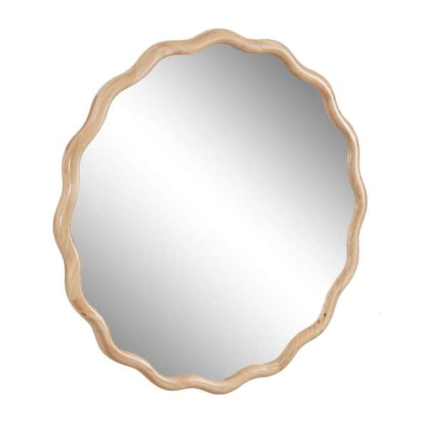 Solid Wood Wavy Round Mirror-Natural-Wood Vanity Mirror Wall Decor 42 in. x 42 in. Modern Mirror Wall Decor for Bathroom