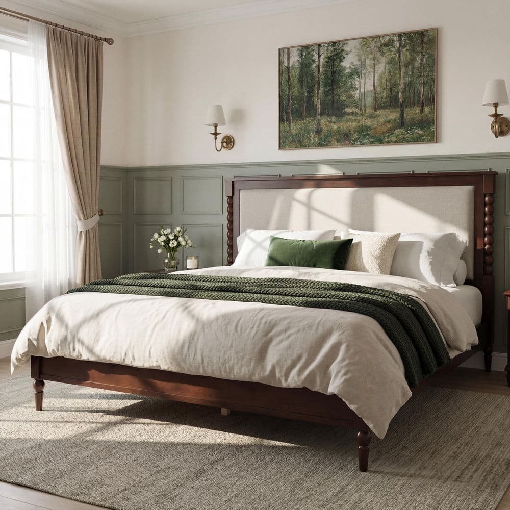 Brown Solid Wood Frame Queen Platform Bed with Upholstered Headboard