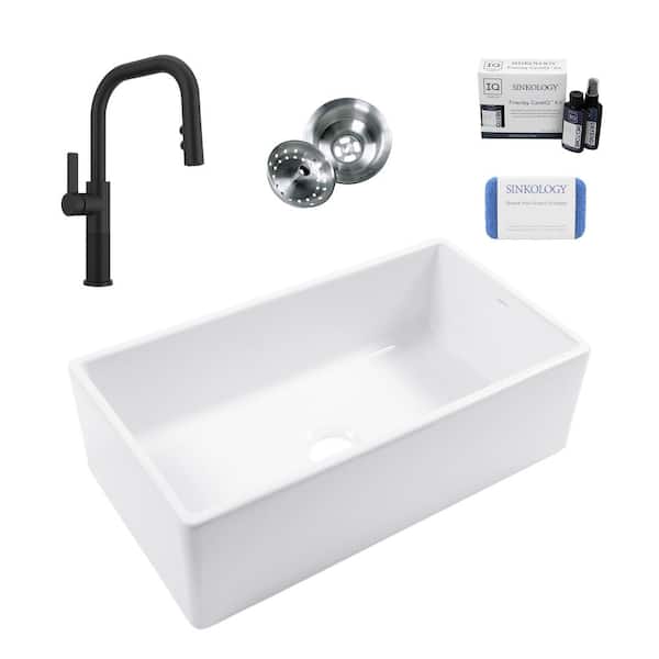 SINKOLOGY Bradstreet II 33 in. Farmhouse Apron Front Undermount Single Bowl White Fireclay Kitchen Sink with Black Faucet Kit