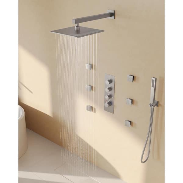 GRANDJOY Thermostatic Shower 7-Spray Wall Mount 12 in. Fixed and Handheld Shower Head 2.5 GPM in Brushed Nickel Valve Included