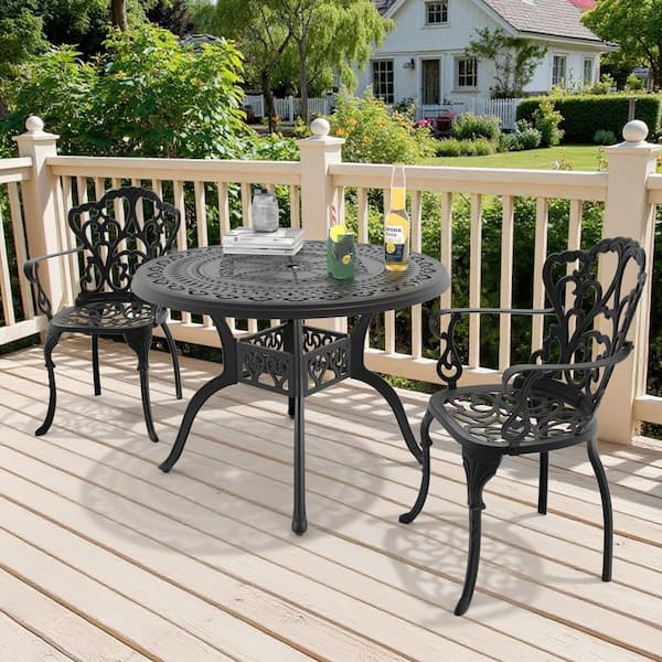 3-Piece Black Cast Aluminum Outdoor Dining Set with Off-White Cushions