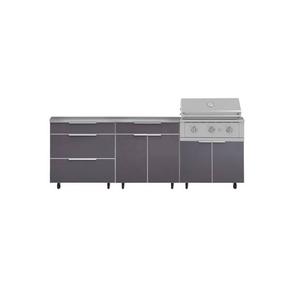 Outdoor Kitchen 5-Piece 3-Burners Propane Gas Grill Island in Gray w/33" Performance Grillwith casters