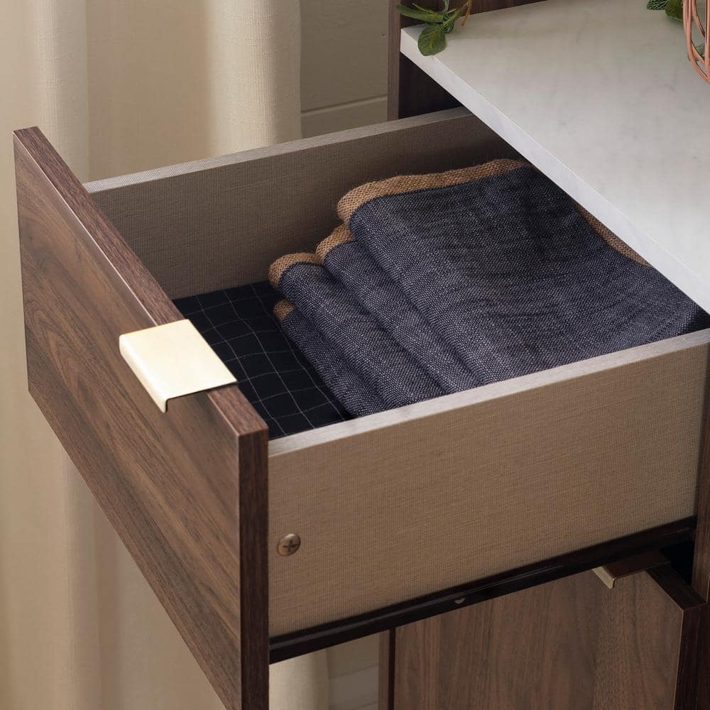 Scandi-Chic Glam Walnut Buffet with Wine Storage and Marble Accents