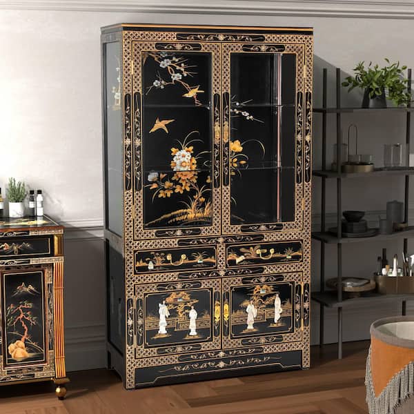RED LANTERN Black Lacquer 39 in. Display Cabinet with Royal Ladies, Glass Doors, and Curio Display