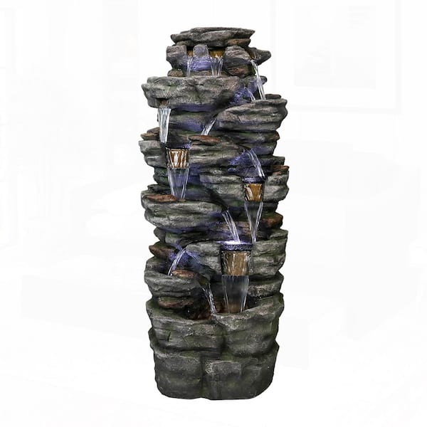 47.2in.H Resin Multi-Tier Cascading Rock Tiered Fountain with LED Lights, Large Resin Water Feature for Garden and Patio