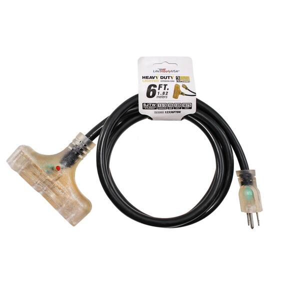 LifeSupplyUSA 6 ft. 12/3 SJTW 3-Outlet 15 Amp 125-Volt 1875-Watt Indoor/Outdoor Black Heavy-Duty Tri-Source Extension Cord (2-Pack)