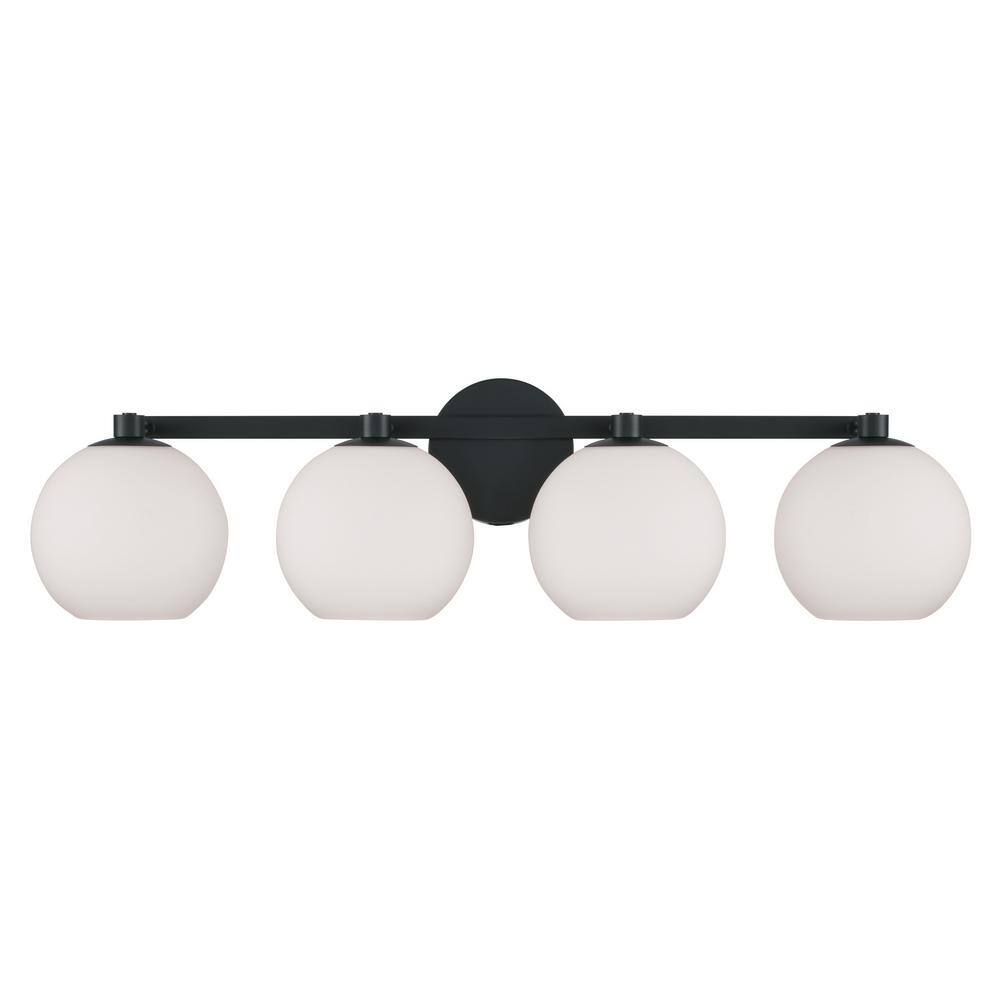 Matte Black 4-Light Vanity with Soft White Glass Globes
