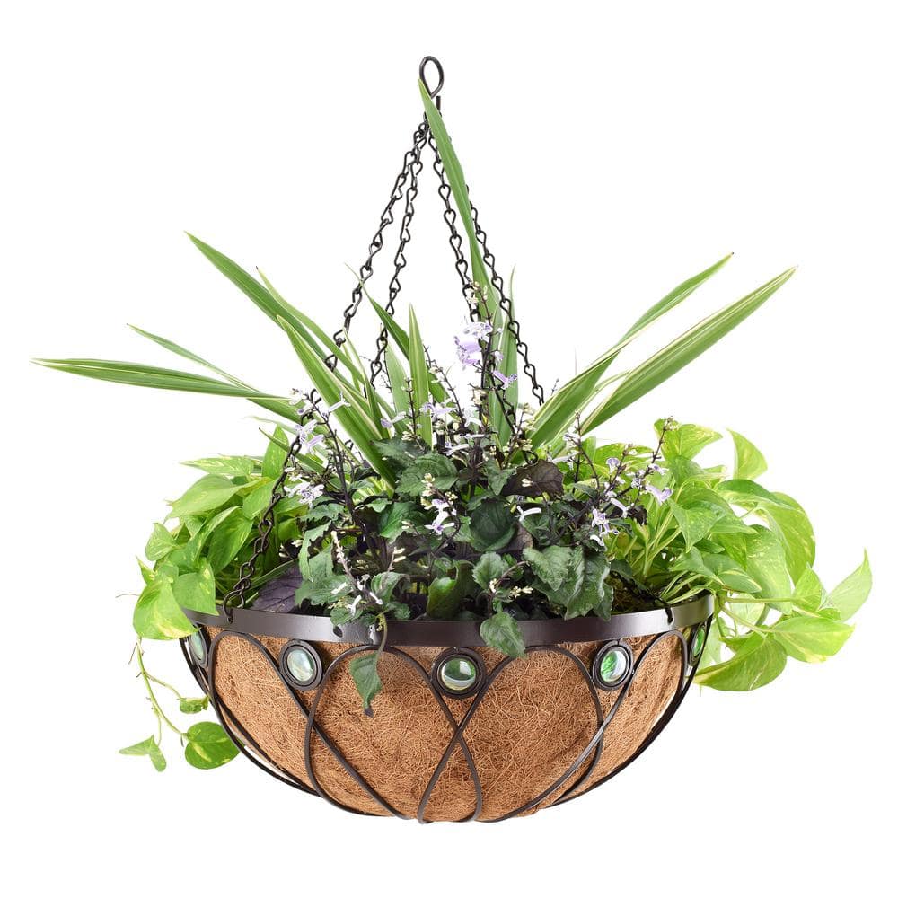 Large Black Metal Round Hanging Outdoor Planter with Coconut Liner