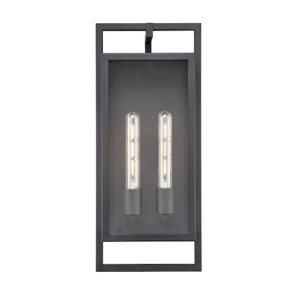 Agatha 19.6 in. 2-Light Textured Black Transitional Outdoor Hardwired Wall Sconce with Clear Glass
