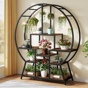 Wellston 65 in. H Rustic Brown Round Wood Plant Stand Indoor, 7 Tier Flower Stand Bonsai Pots Display for Indoor