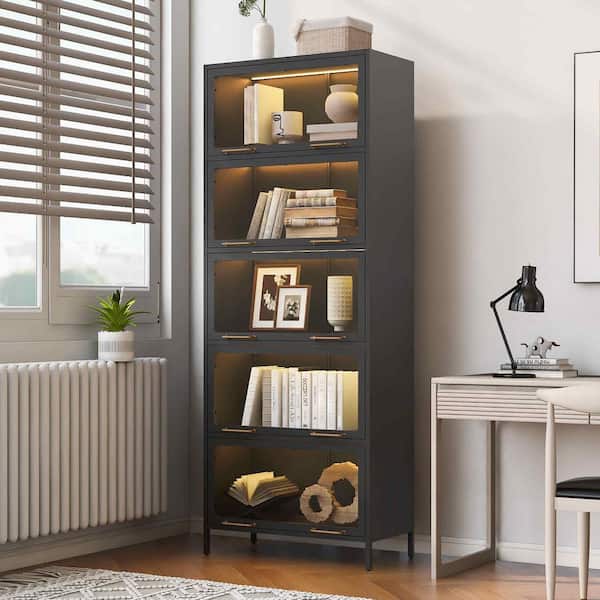 Black 78.75 in. Accent Cabinet, Display Cabinet with Glass Doors, LED Lights