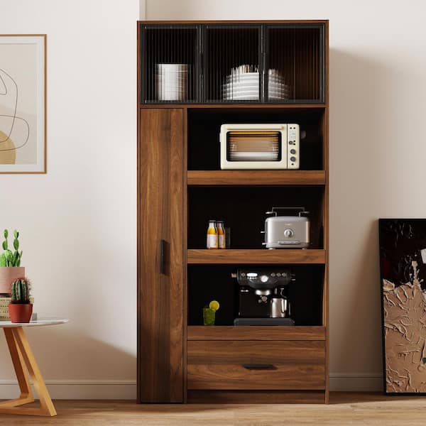 Aimee Walnut Wood 70.9 in. Kitchen Pantry Cabinet with Multi-Functional Pull-Out Multi-Tier Storage Shelf