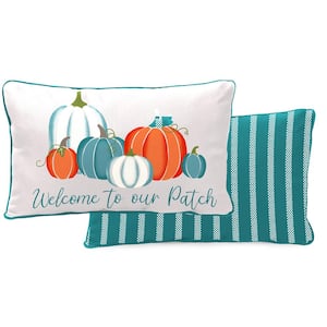 12 in. L x 16 in. W x 5 in. T Reversible Rectangular Outdoor Lumbar Pillow in Welcome Patch Pumpkins and Teal Stripe