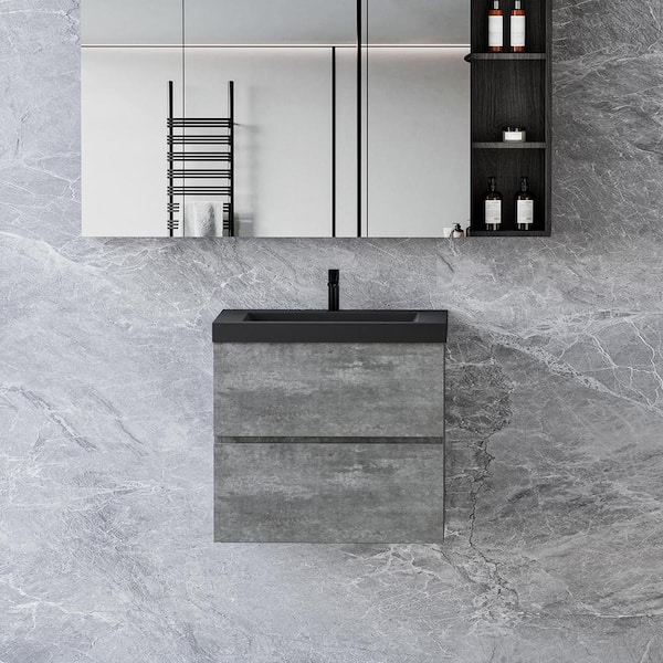 Abruzzo 24 in. W x 18.7 in. D x 19.7 in. H Wall Mounted Bathroom Vanity in Gray with Quartz Sand Surface Top Black Basin