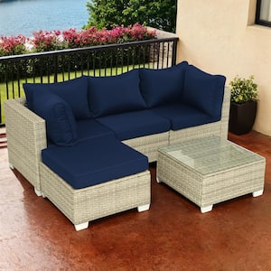 Patio Furniture Sets 5-Piece Outdoor Sectional Sofa with Wicker Rattan Couch, Dark Blue Cushions, Tempered Glass Table