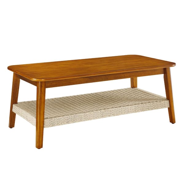 Unbranded 47.25 in. Farmhouse Wood Coffee Table with Woven Shelf, Boho Rattan Tea Table Side Table for Living Room Office Bedroom