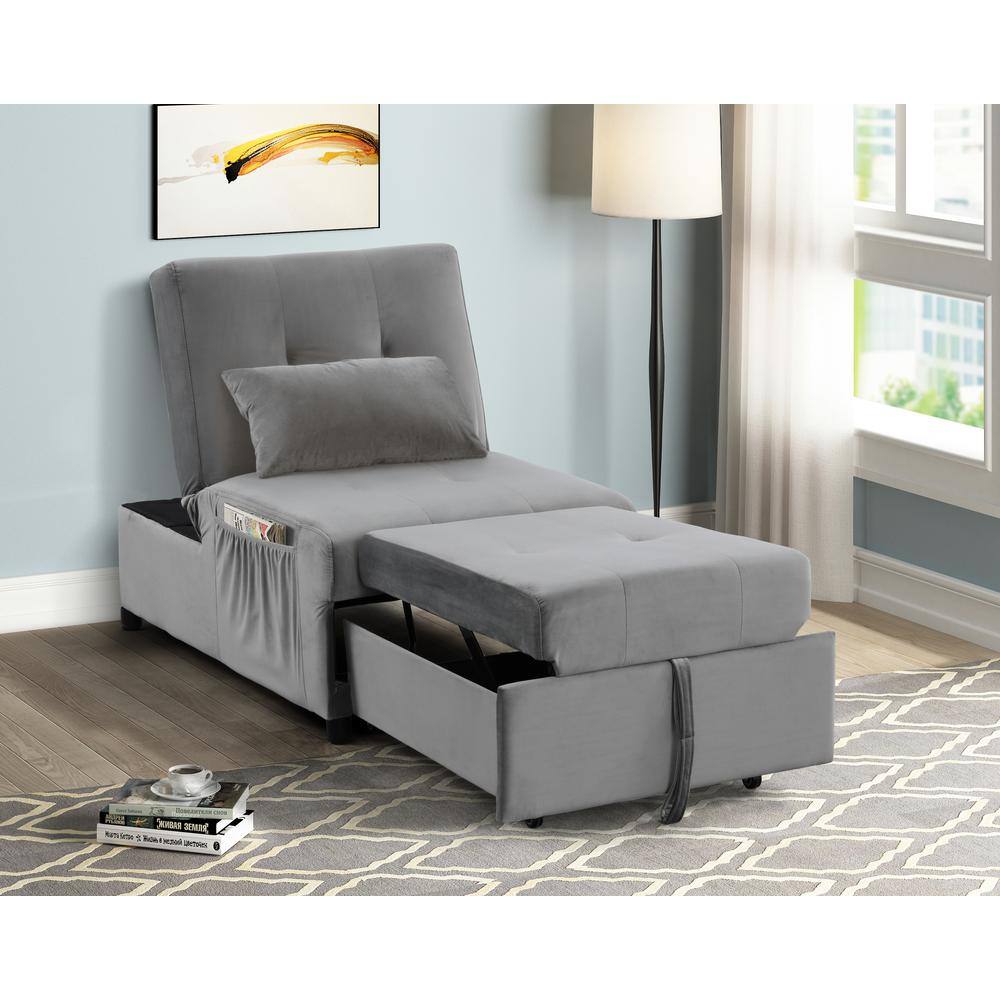 Gray Velvet Adjustable Sleeper Lounge Chaise with Manufactured Wood Frame