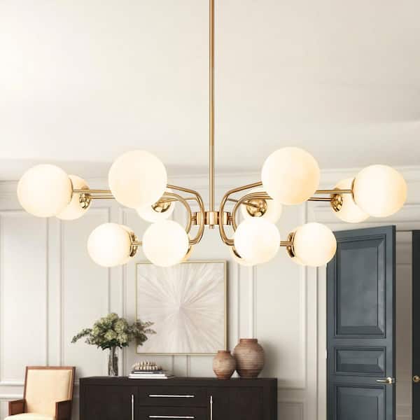 Wilbourn 16-Light Mid-Century Modern Brass 2-Tiers Sputnik Chandelier with Milky White Glass Globe