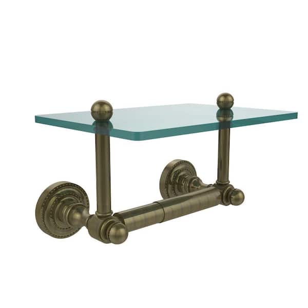 Allied Brass Dottingham Collection Double Post Toilet Paper Holder with Glass Shelf in Antique Brass