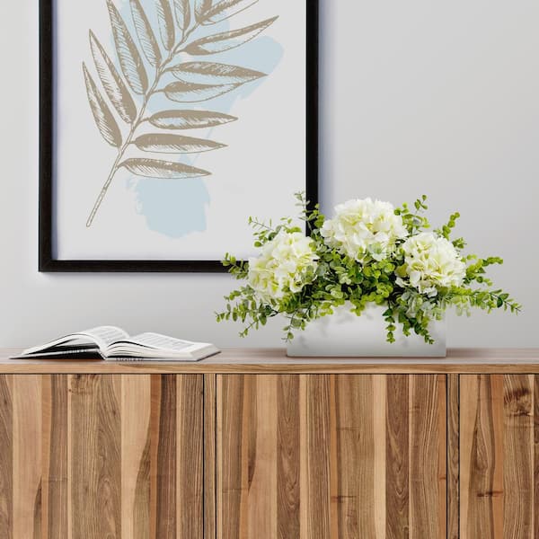 Nearly Natural 15 in. Hydrangea and Eucalyptus Artificial Arrangement in White Vase