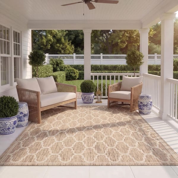 Courtyard Brown/Beige 8 ft. x 11 ft. Border Indoor/Outdoor Patio  Area Rug