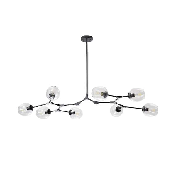 8-Light Clear Modern Linear Chandelier with Black Adjustable Arms and Glass Shades