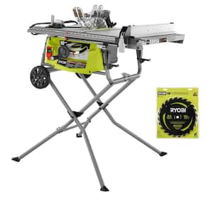 15 Amp 10 in. Expanded Capacity Portable Corded Table Saw With Rolling Stand and 10 in. 24T Thin Kerf Miter Saw Blade