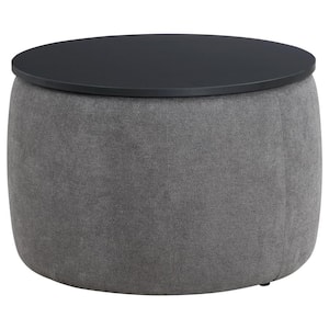Tesoro Gray and Black Chenille Upholstered Round Lift Top Storage Ottoman