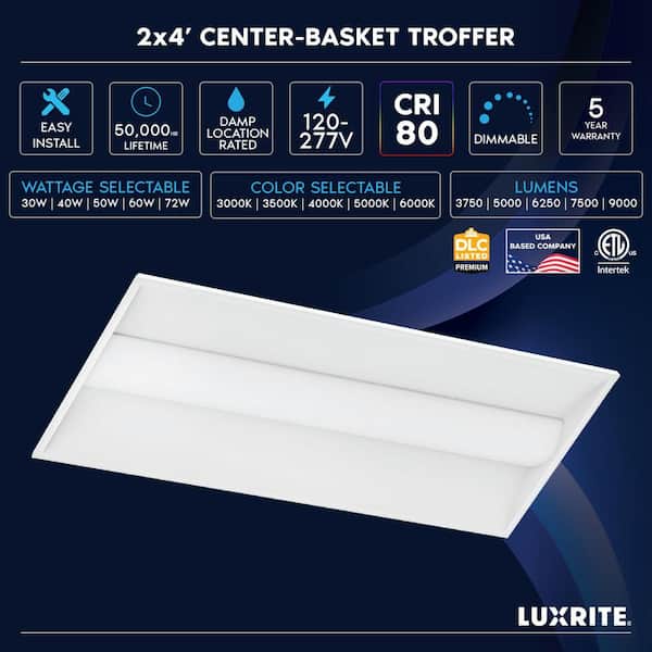 72-Watt 2 x 4 ft. Integrated LED Troffer Light 3000K-6000K, 3750-9000LM, 0-10V Dimmable, 120-277V ETL DLC Premium 4 Pack