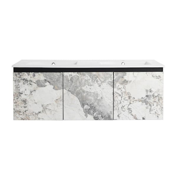 Boosicavelly 47.60 in. W x 18.30 in. D x 17.30 in. H Double Sink Wall Mounted Bath Vanity in Black with White Ceramic Top