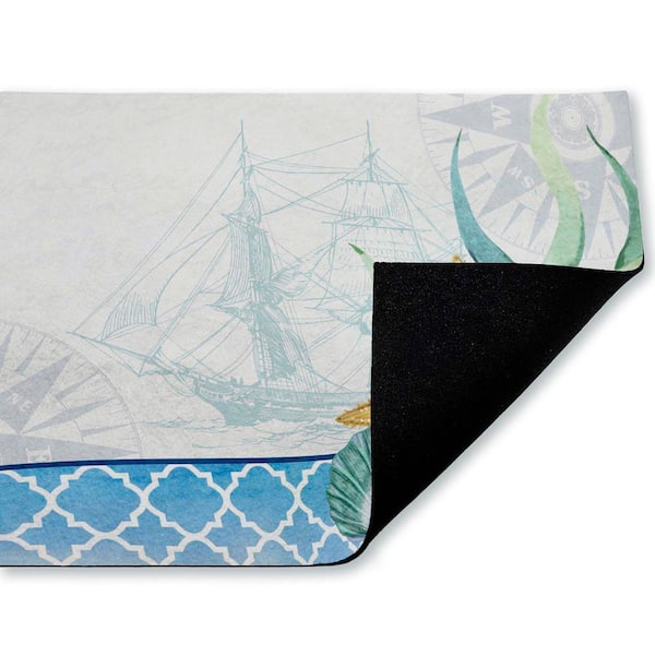 Bayside Sea Life & Ship Blue 18 in. x 30 in. Polyester Non-Slip Outdoor Door Mat