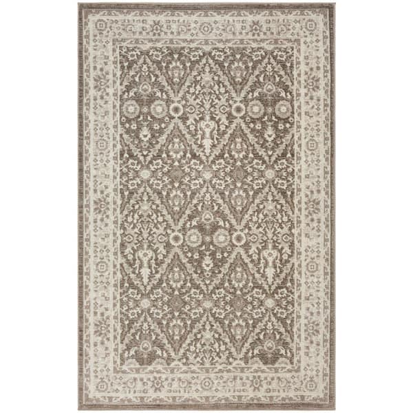 Renewed Ivory Mocha 5 ft. x 7 ft. Distressed Traditional Area Rug