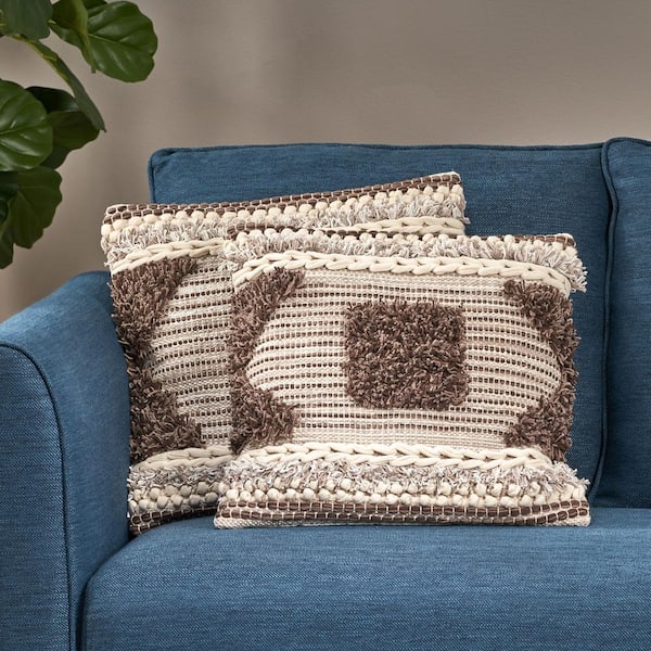 Noble House Boswell Natural and Brown Abstract Cotton 18 in. x 18 in. Throw Pillow (Set of 2)