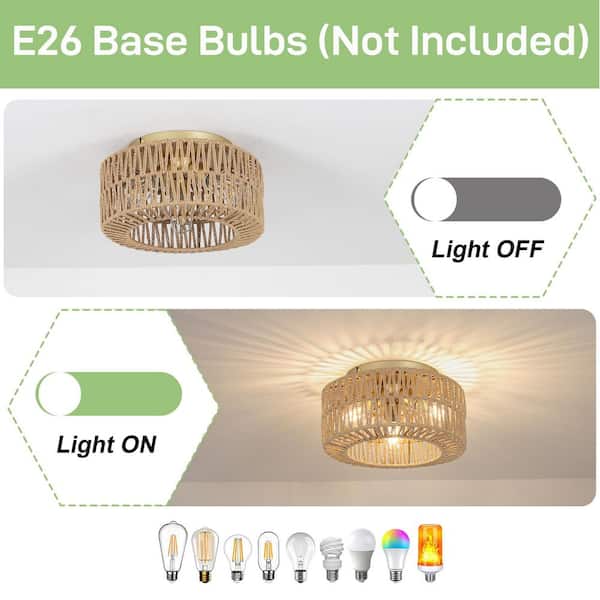 11.8 in. 3-Light Brown Boho Rattan Flush Mount Ceiling Light Fixture with Hand-Woven Rattan Shade