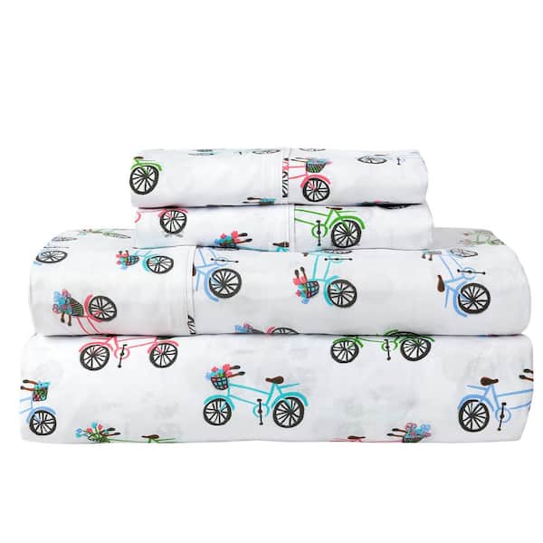ROYALE LINENS 1800 Series Luxury Hotel Collection 4-Piece Multicolored Bicycle Print Brushed Microfiber King Hypoallergenic Sheet Set