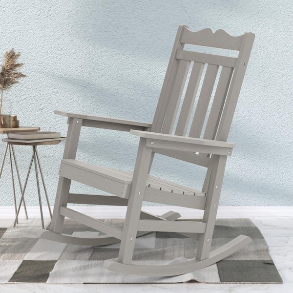 Sonkuki Light Gray Plastic Adirondack Rocking Chair with Big Armrest Weather Resistant, Fire Pit Outdoor Rocking Chair