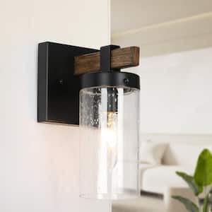 1-Light Black Industrial Wall Sconce with Seeded Glass Shade and Faux Wood Accents