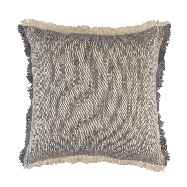 LR Home Lyra Gray / White Fringed Solid Cozy Poly Fill 20 in. x 20 in. Throw Pillow
