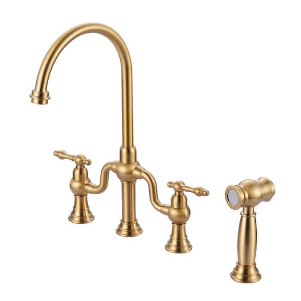 8 in. Centerset 4 Hole Double Handle Brass Bridge Kitchen Faucet with Side Sprayer in Brushed Gold
