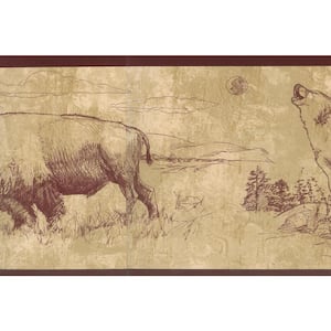 Falkirk Brin Sketched Moose, Wolf, Falcon Brown Beige, Maroon Wallpaper Border
