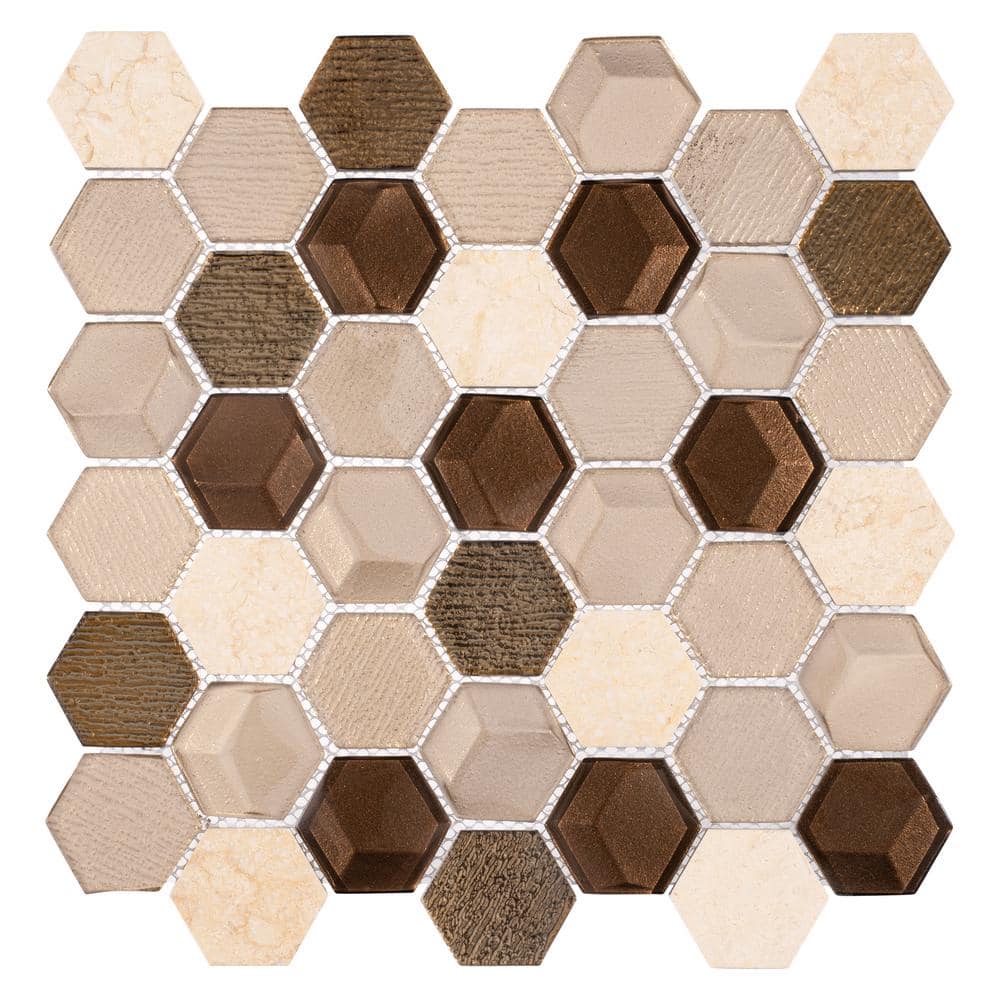 Xen Beez Tan/Brown/Gold 12 in. x 11-7/8 in. Hexagon Smooth Glass and Stone 